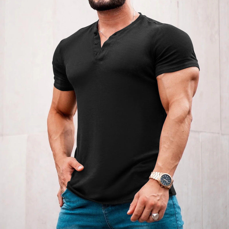 Herren Kurzarm-Henley-T-Shirt aus atmungsaktiver Baumwolle mit dekorativer Knopfleiste R&B