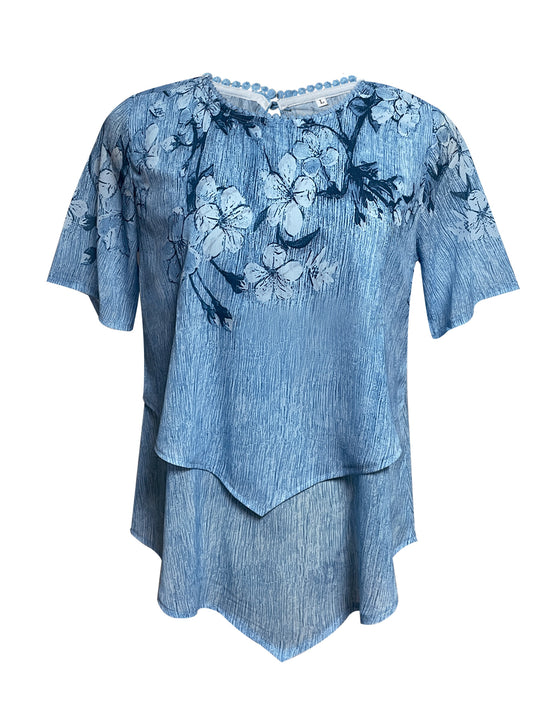 Damen nan zweilagiges Blusenkleid mit asymmetrischem Stufensaum, floraler Druckpasse und Flügelärmeln R&B