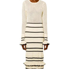 Damen Strickmaxikleid mit raffiniertem Lochmuster und kontrastierendem Streifen R&B