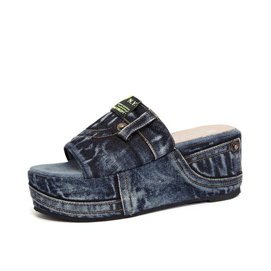 Damen nan Denim-Optik Plateau-Pantolette mit offener Zehenpartie und gepolstertem Fußbett R&B