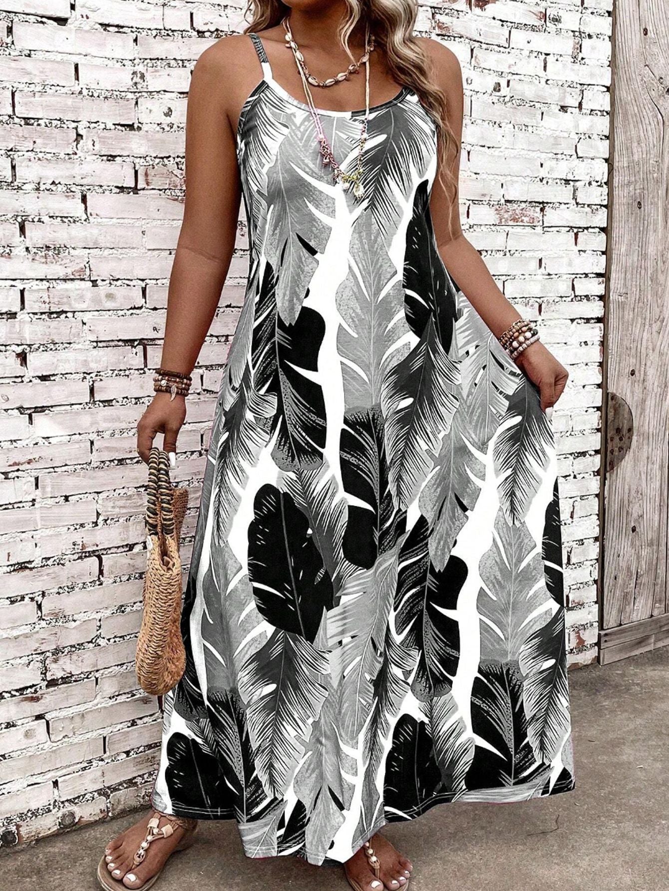 Damen Maxikleid mit aufregendem Blattmuster und schmalen Trägern R&B