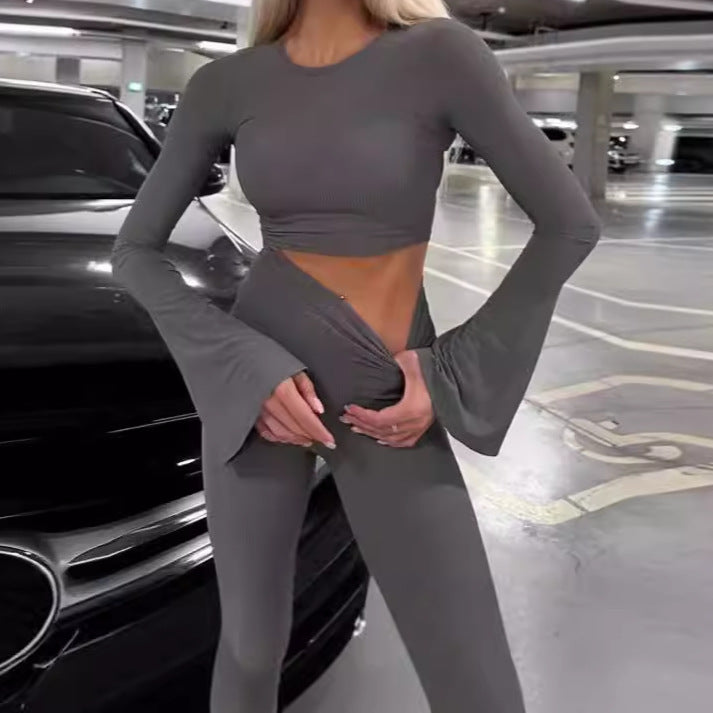 Damen Sportliches Langarm-Crop-Top und Figurschmeichelnde Leggings Set R&B
