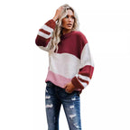 Damen moderner Strickpullover mit modischem Farbblockdesign und hohem Kragen R&B