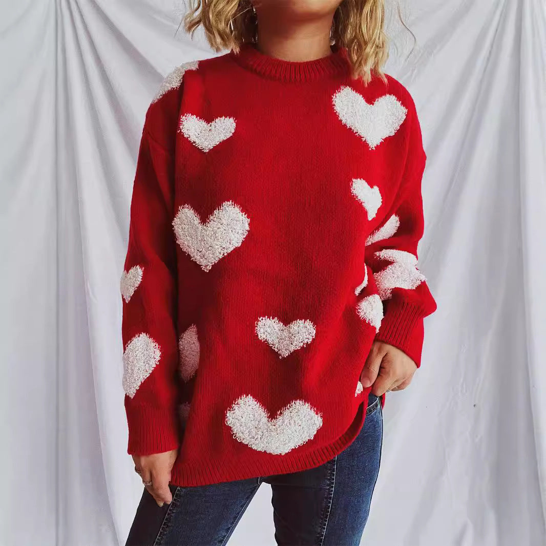 Damen Pullover mit Herzmuster und flauschigen Applikationen R&B