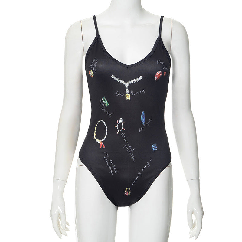 Damen Einteiler Badeanzug mit kreativen Schmuck-Prints R&B