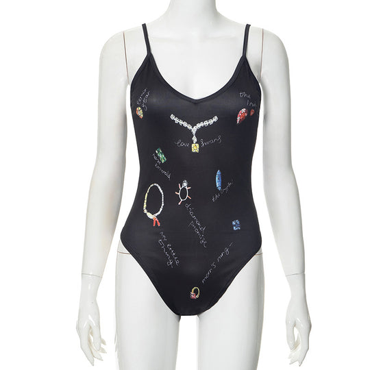 Damen Einteiler Badeanzug mit kreativen Schmuck-Prints R&B