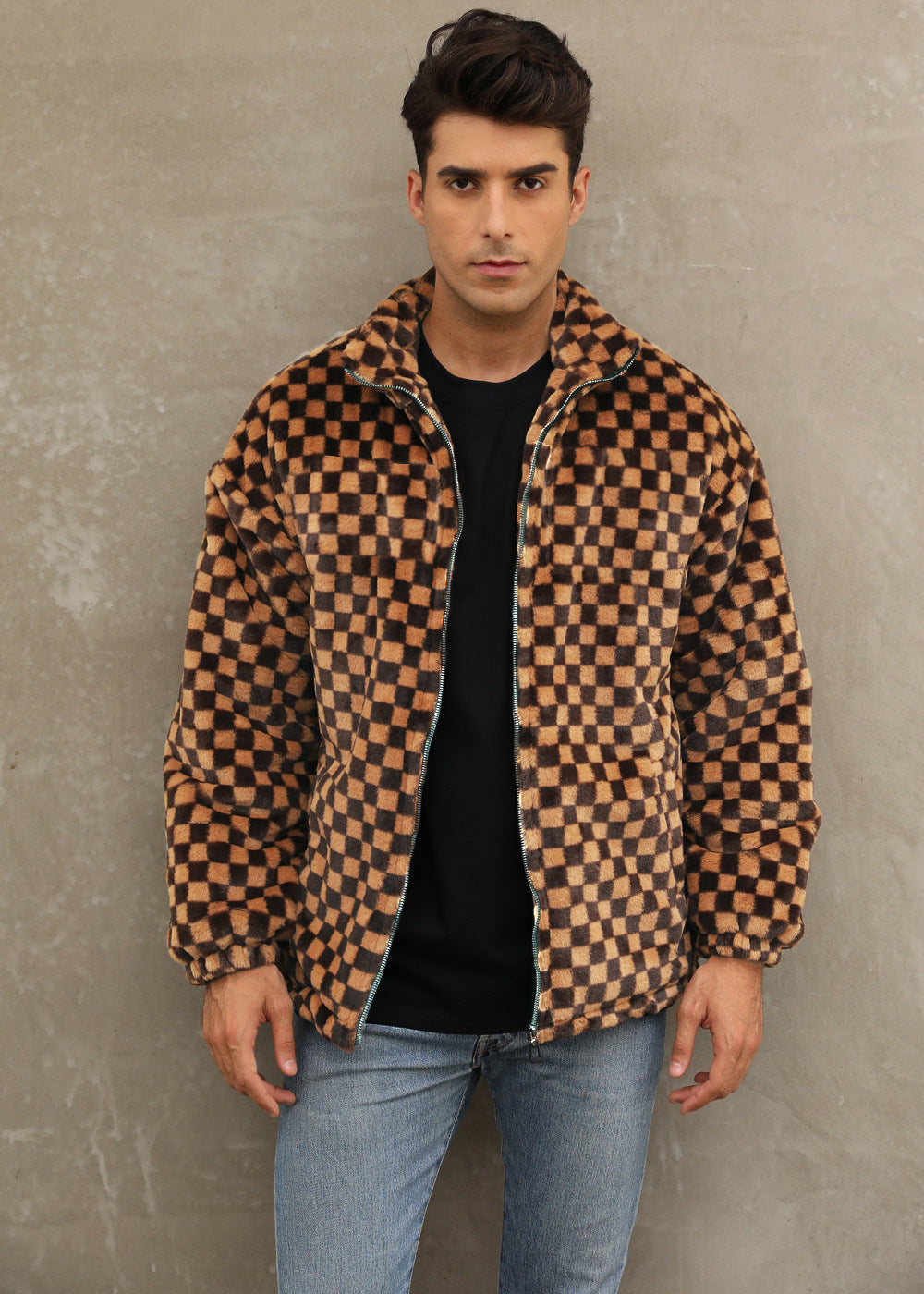 Herren Plüschjacke mit Karo-Muster und hohem Kragen R&B