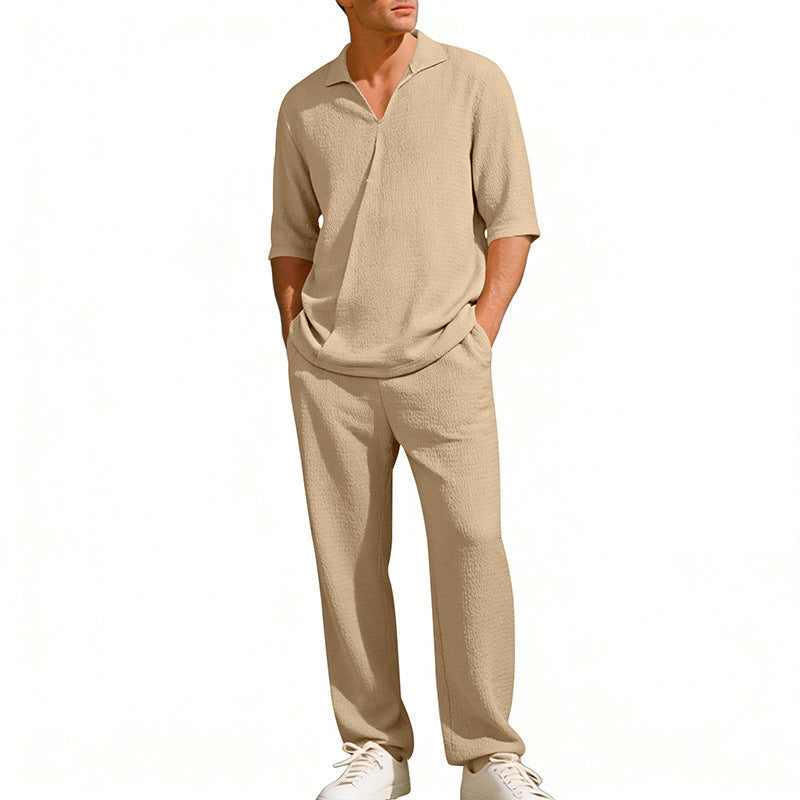 Herren nan Kreppstruktur-Freizeitset mit offenem Reverskragen und gerader Komforthose mit Eingrifftaschen R&B