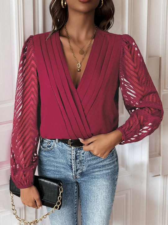 Damen elegantes Body mit voluminösen Ärmel und tiefem V-Ausschnitt R&B