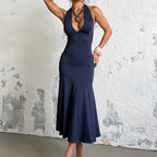 Damen elegantes Maxikleid mit tiefem V-Ausschnitt und raffiniertem Schleifendetail R&B