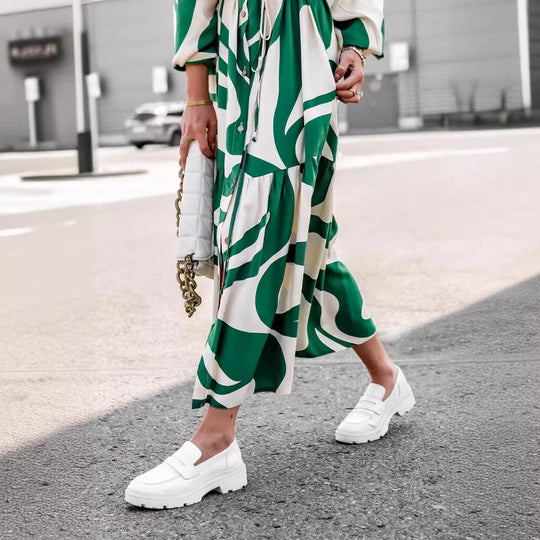 Damen Maxikleid mit modernem Muster und praktischem Taillengürtel R&B