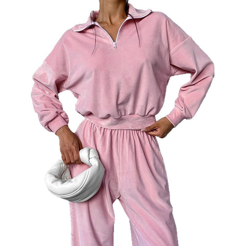 Damen Lässiges Trainingsanzug-Set mit kurzer Zipjacke und weiten Hosen R&B