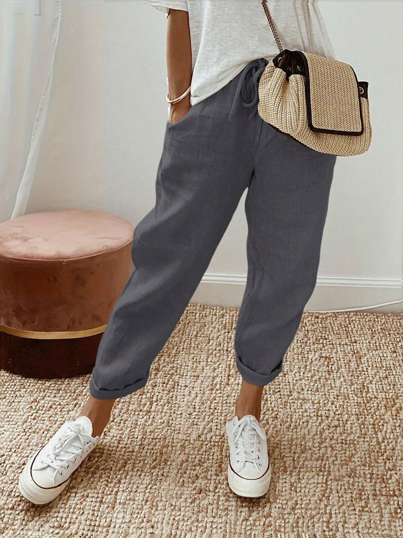 Damen Lässige Leinen-Hose mit elastischem Bund und praktischen Taschen R&B