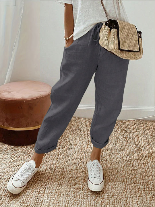 Damen Lässige Leinen-Hose mit elastischem Bund und praktischen Taschen R&B