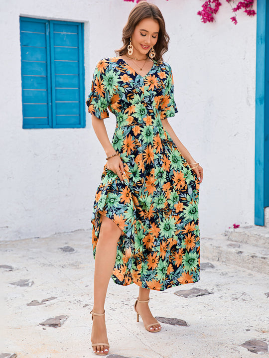 Damen Maxikleid mit voluminösen Ärmeln und fröhlichem Blumenmuster R&B