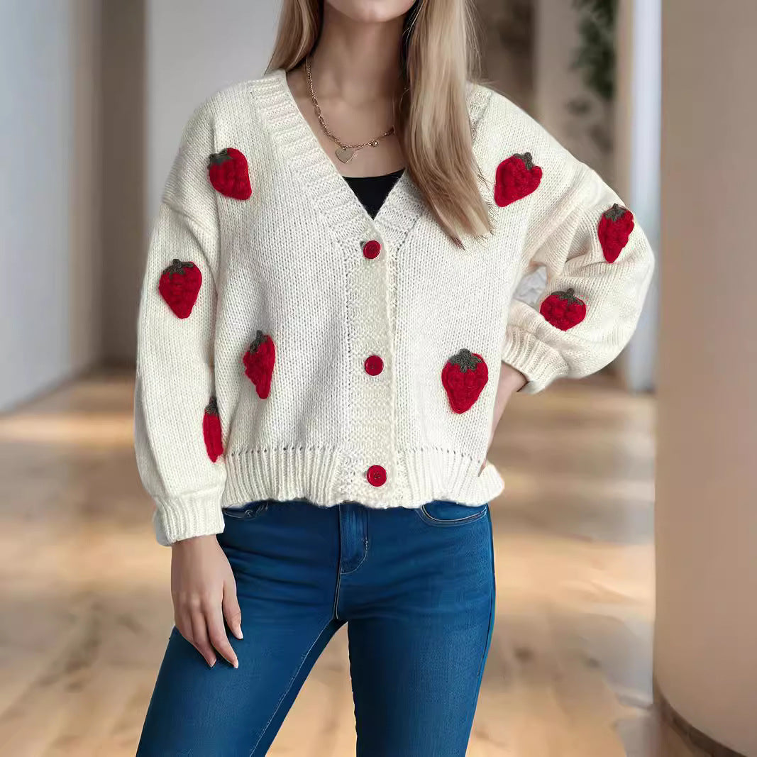 Damen Strickjacke mit verspielten Obstapplikationen R&B