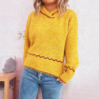 Damen lässiger Strickpullover mit modischem Kragen und fransigen Akzenten R&B