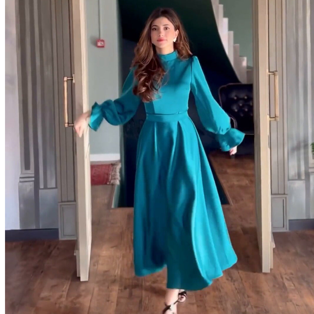 Damen Fließendes Abendkleid mit eleganten Puffärmeln und hohem Kragen R&B