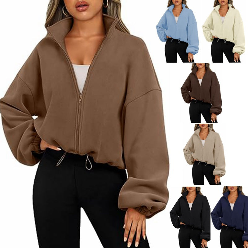 Damen lässiger Fleece-Pullover mit hohem Kragen und Kordelzug R&B