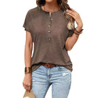 Damen Kurzarm Blusenshirt mit Knopfleiste und legerem Schnitt