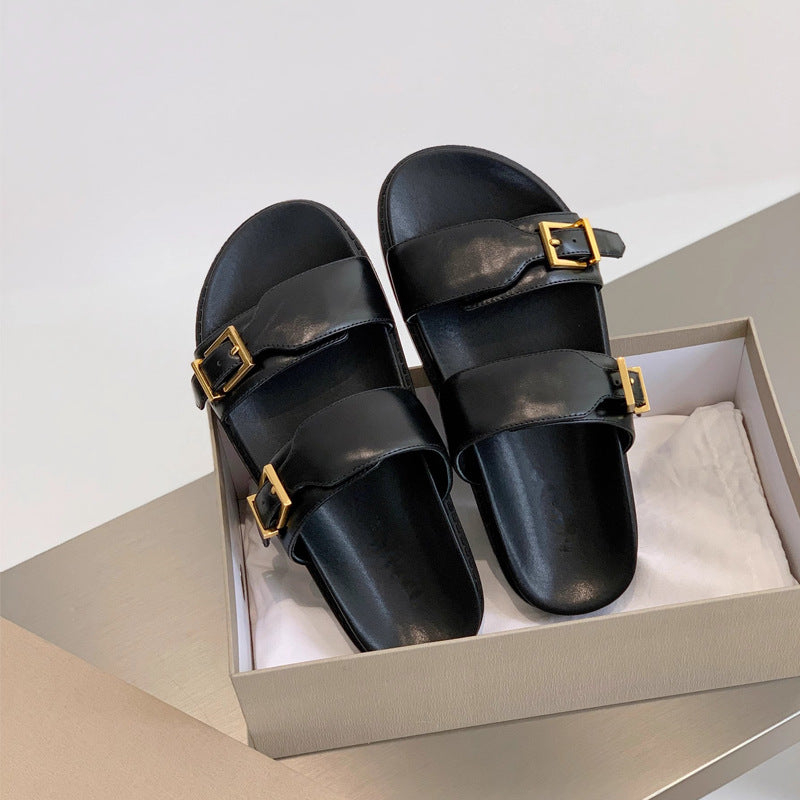 Damen modische Sandalen mit doppeltem Riemendesign und goldenen Schnallen R&B