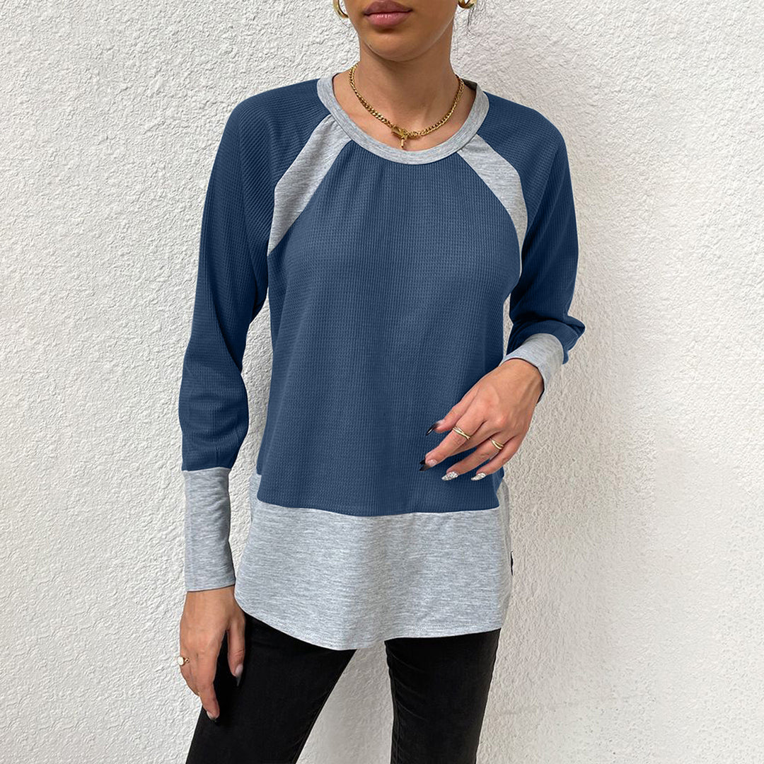 Damen lässiges Langarmshirt mit Waffle-Struktur und Kontrastärmeln R&B