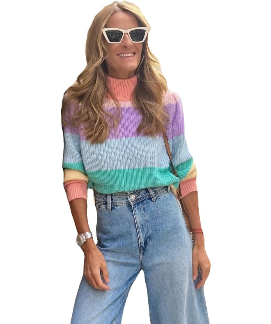 Damen Kurzarm Strickpullover mit hohem Kragen und buntem Streifenmuster R&B