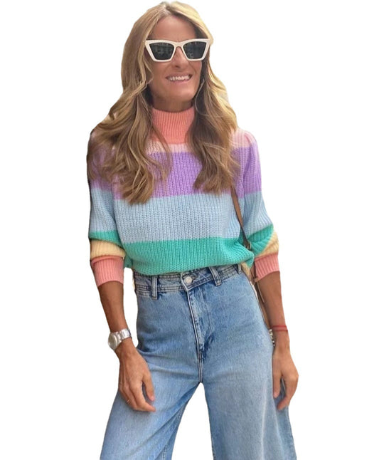 Damen Kurzarm Strickpullover mit hohem Kragen und buntem Streifenmuster R&B