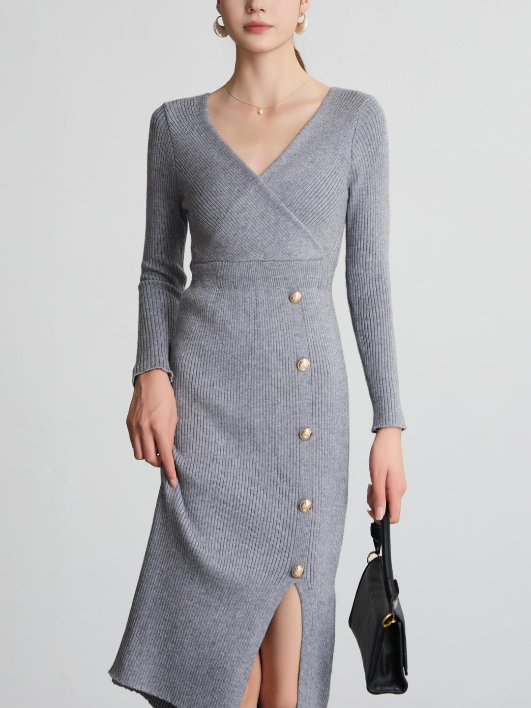Damen Strickkleid mit Wickeloptik und Knopfdetails R&B