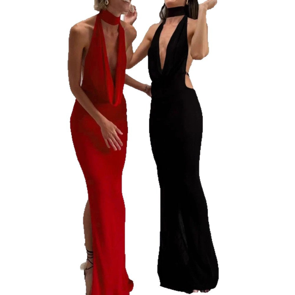 Damen Maxikleid mit elegantem Wasserfallausschnitt und figurbetontem Design R&B