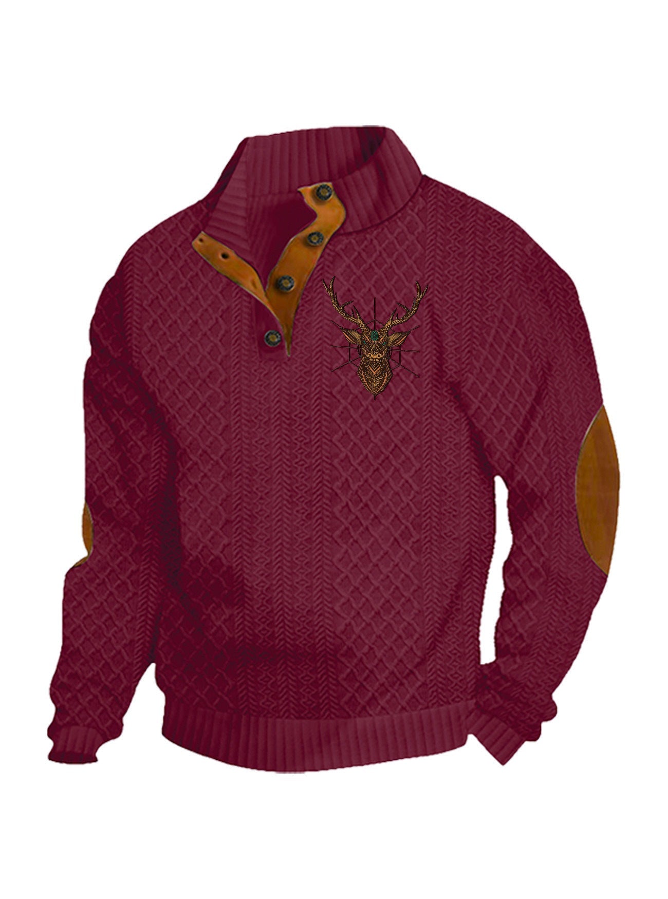 Herren nan Heritage-Strukturpullover mit Stehkragen Lederimitat-Besatz Ellenbogen-Patches und Halbknopfleiste R&B