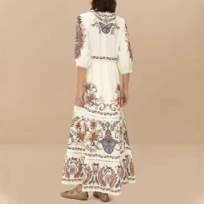 Damen Maxikleid mit floralen Stickereien und V-Ausschnitt R&B