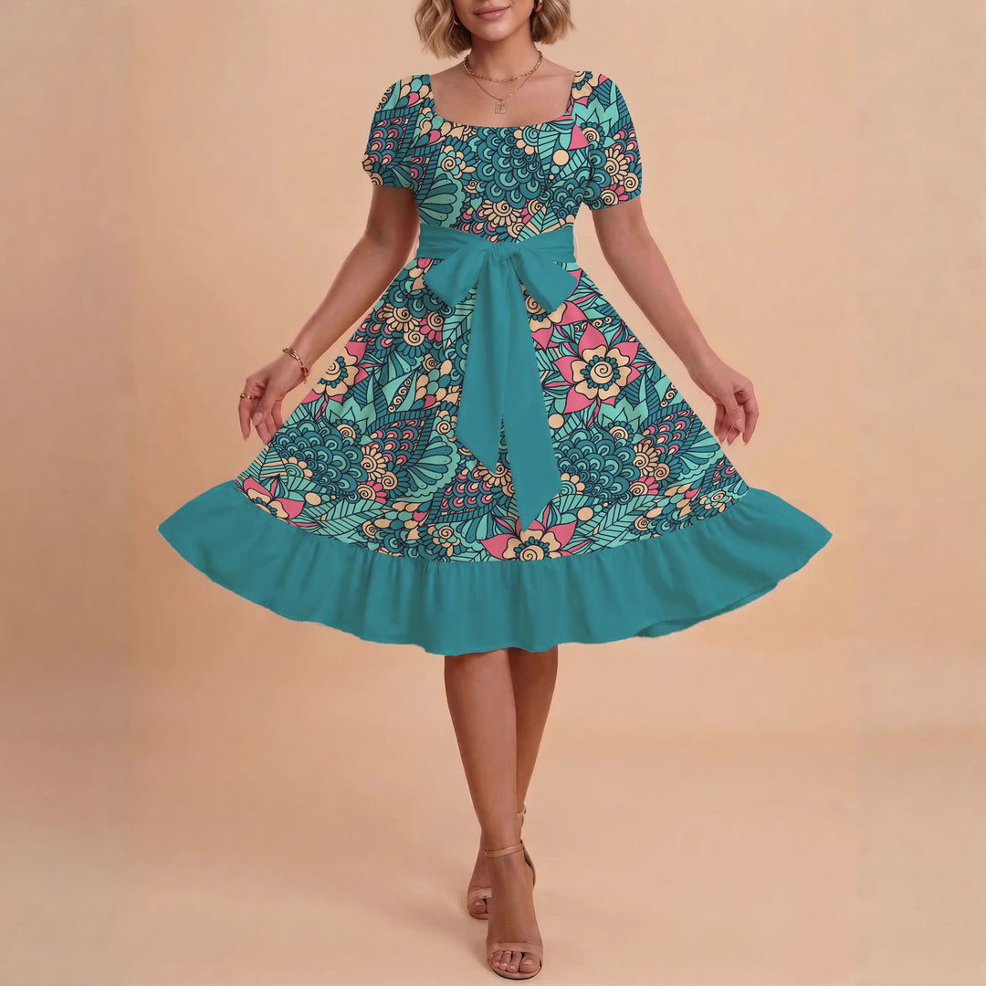 Damen modernes Blumenkleid mit elegantem Taillengürtel und asymmetrischem Saum R&B
