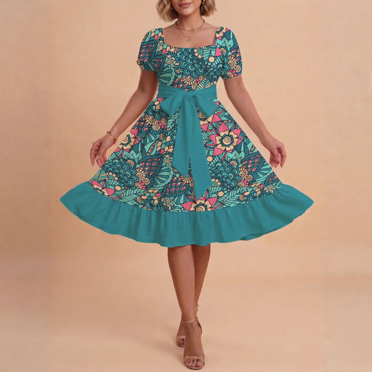 Damen modernes Blumenkleid mit elegantem Taillengürtel und asymmetrischem Saum R&B