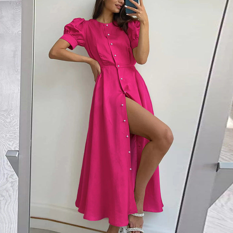 Damen Maxikleid mit Knopfdetail und seitlichem Schlitz R&B