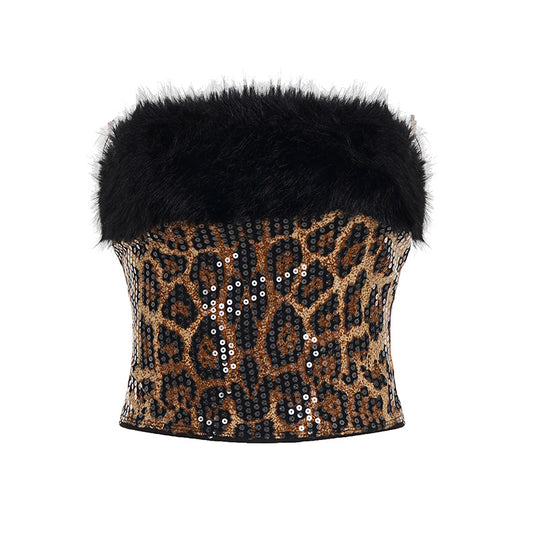 Damen glitzerndes Leopardenmuster Oberteil mit Kunstfellbesatz R&B