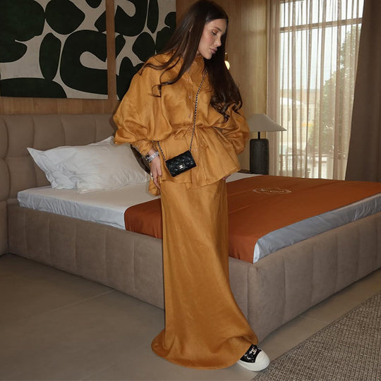 Damen elegantes Maxi-Rock-Set mit lässiger Bluse und Bindegürtel R&B