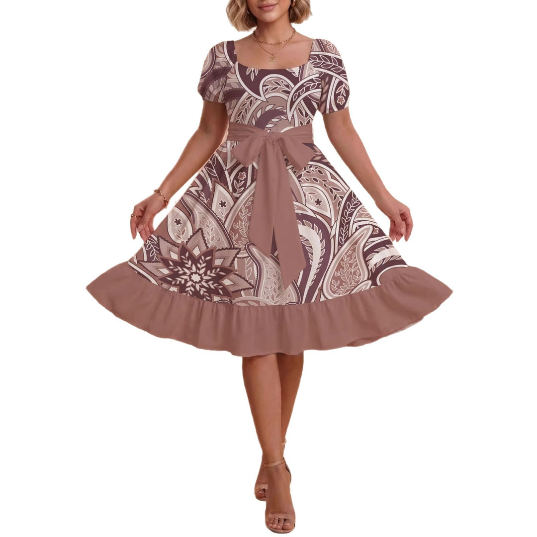 Damen modernes Blumenkleid mit elegantem Taillengürtel und asymmetrischem Saum R&B