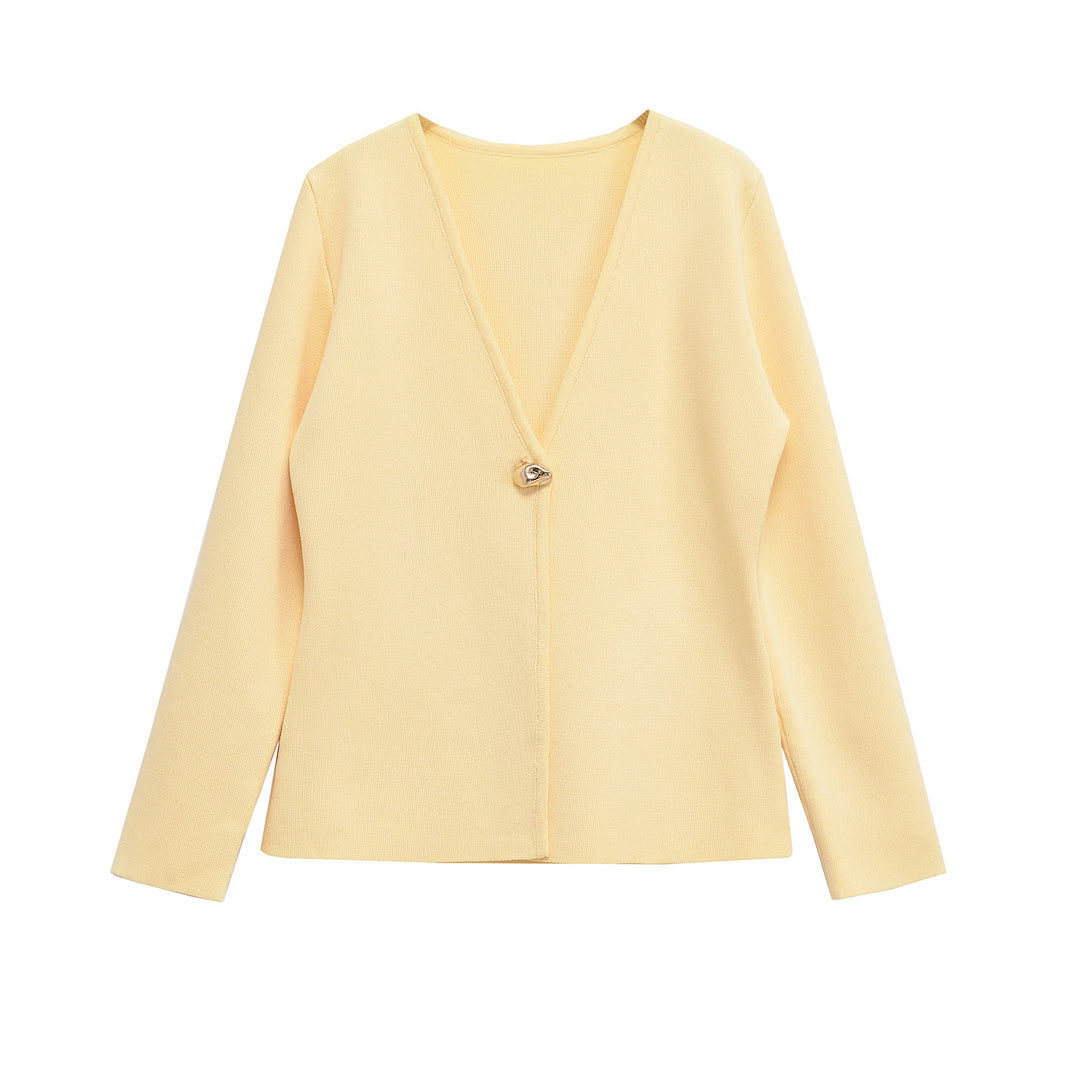 Damen lässiger V-Ausschnitt Cardigan mit dekorativem Knopf R&B