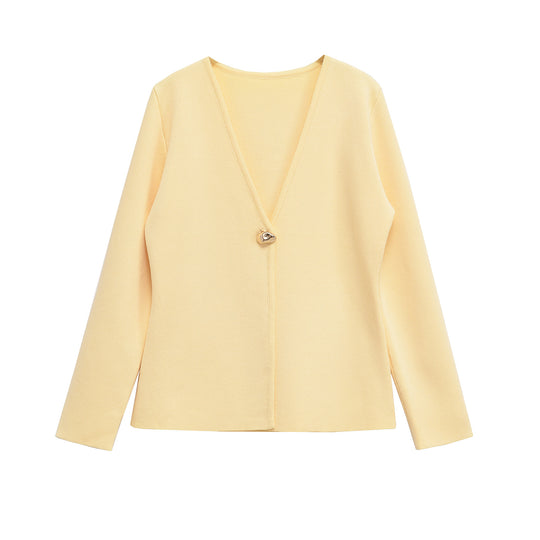 Damen lässiger V-Ausschnitt Cardigan mit dekorativem Knopf R&B