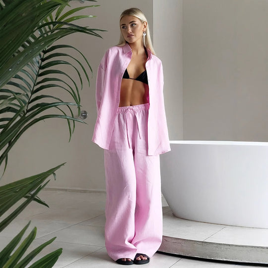 Damen luftiges Leinen-Set mit weit geschnittenem Hemd und Hose R&B