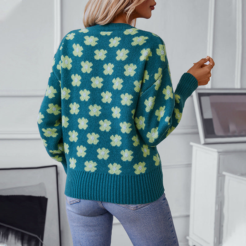 Damen Strickpullover mit floralem Muster und V-Ausschnitt R&B