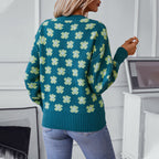 Damen Strickpullover mit floralem Muster und V-Ausschnitt