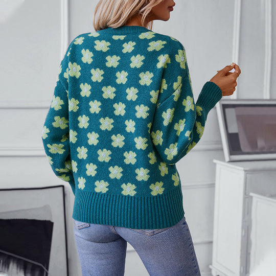 Damen Strickpullover mit floralem Muster und V-Ausschnitt R&B