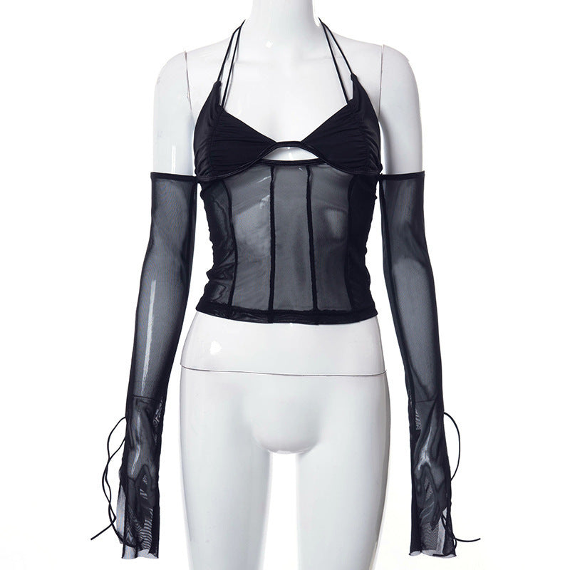 Damen transparentes Oberteil mit langen Ärmeln und Kreuzträgern R&B