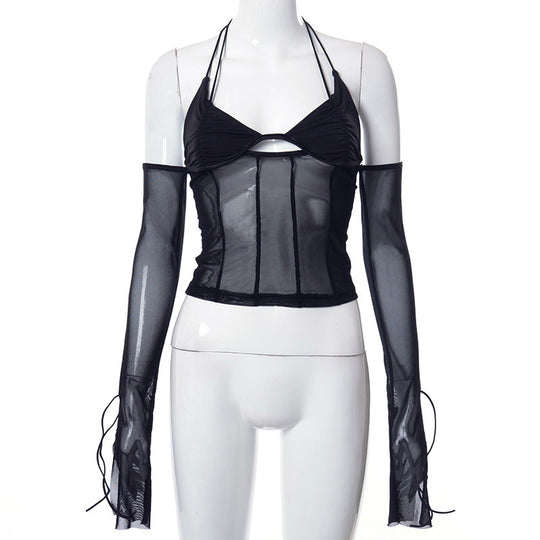 Damen transparentes Oberteil mit langen Ärmeln und Kreuzträgern R&B
