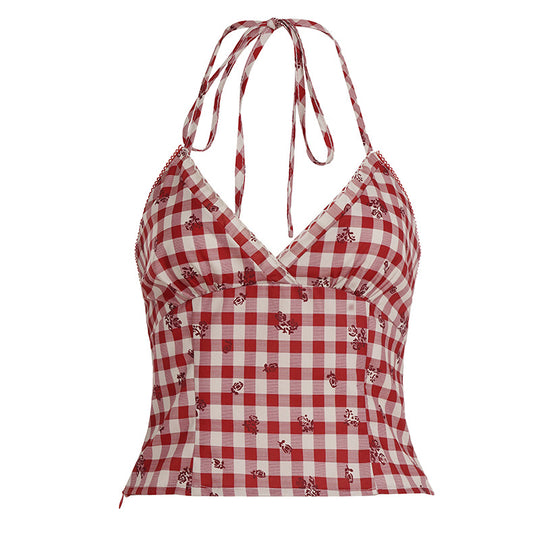 Damen Karo-Bikini-Oberteil im Vintage-Stil mit Spaghettiträgern und zusätzlichem Blumenmuster R&B