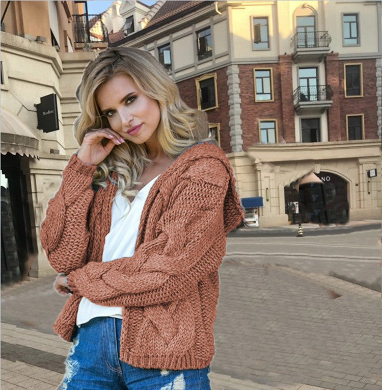 Damen Strickjacke mit Kapuze und modernem Zopfmuster R&B