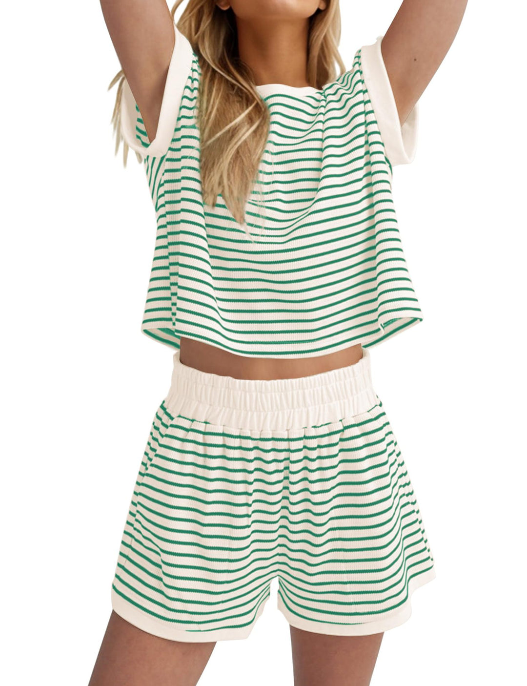 Damen Lässiges gestreiftes Set aus lockerer Oberteil und Shorts R&B