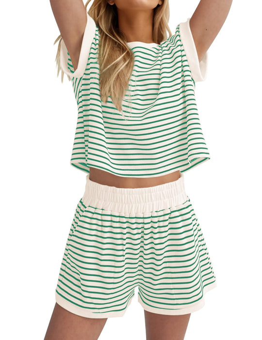 Damen Lässiges gestreiftes Set aus lockerer Oberteil und Shorts R&B